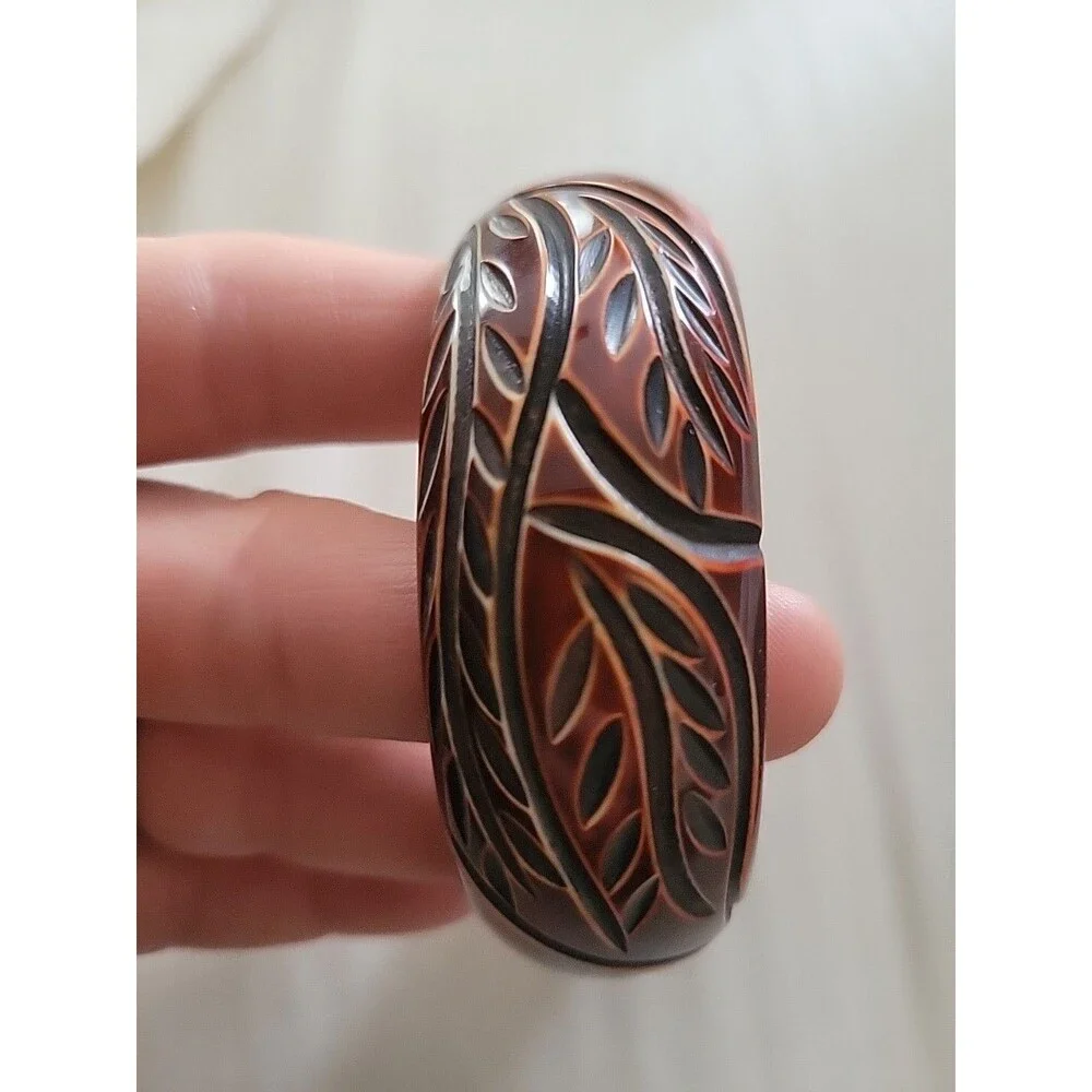 Vtg Mid Century Burnt Orange Deeply Carved Leaf Large Bangle Bracelet Bakelite?